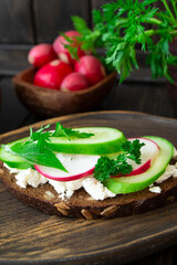 Bruschetta with cucumber, radishes and persil on wooden dark board