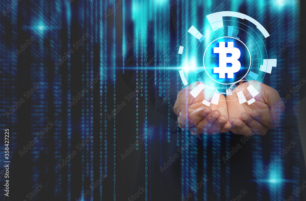 Poster fintech concept. binary code and man demonstrating scheme with bitcoin symbol