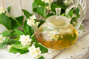 Obraz na płótnie Canvas glass teapot with hot tea and jasmine flowers. branches of blooming jasmine.