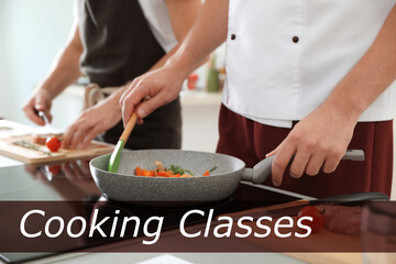 Cooking classes. Man preparing vegetables on electric stove, closeup
