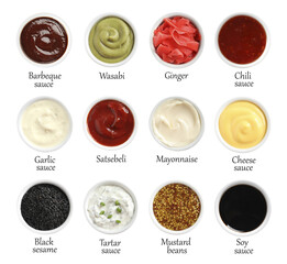 Set of different delicious sauces and condiments on white background, top view