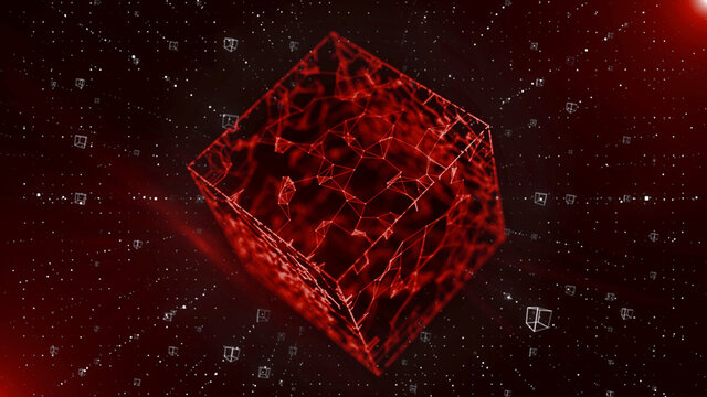 3d render cubic tunnel with large red translucent cube floating inside.