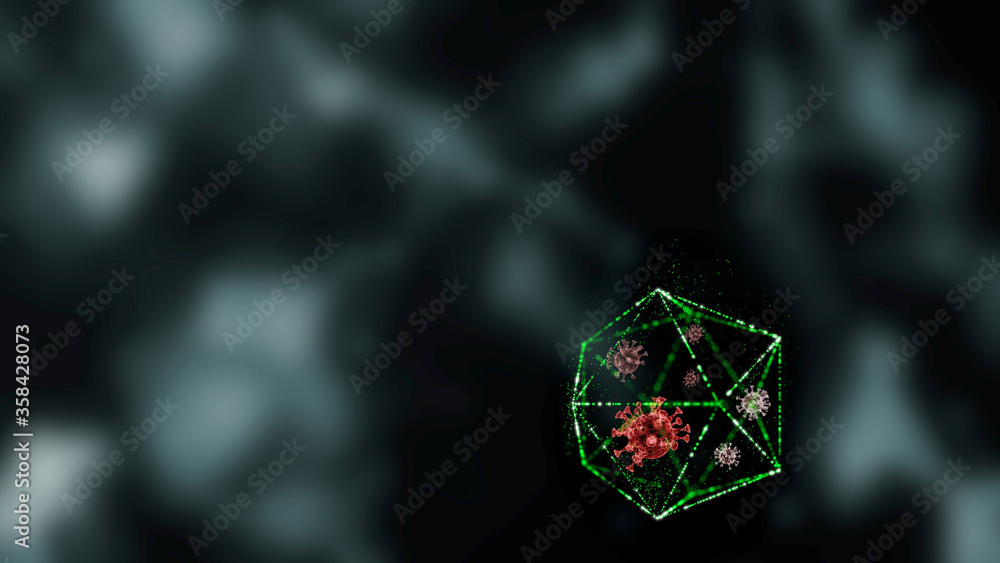 Poster red virus cells locked inside green hexagon block rotating over blurred space background.