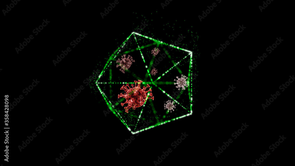 Poster red virus cells locked inside green hexagon block rotating over blurred space background.