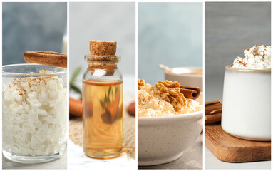 Collage of different photos with aromatic cinnamon