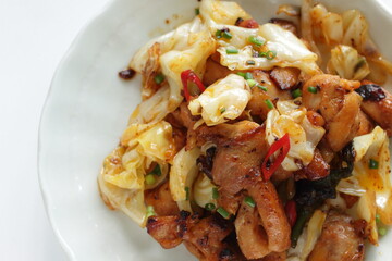 Korean food, chicken and cabbage stir fried with gochujang