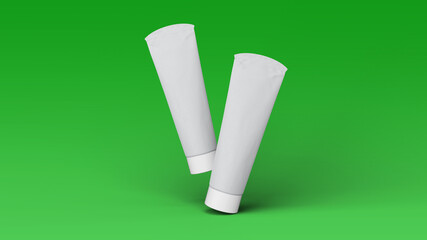 Double dynamic toothpaste mockup on green background. 3D Rendering.