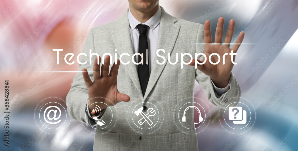 Poster businessman using virtual screen with different icons, closeup. technical support service