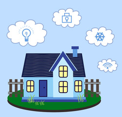 Fototapeta premium Illustration of smart home technology with automatic systems and icons on light blue background