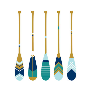 Painted wooden canoe Oar. Modern and contemporary coastal or beach decor. Set of paddles in blue colors. Vector illustration on White