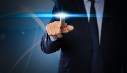 Man pressing button on virtual screen, closeup