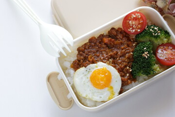 Japanese food, keema curry and rice in bento for lunch