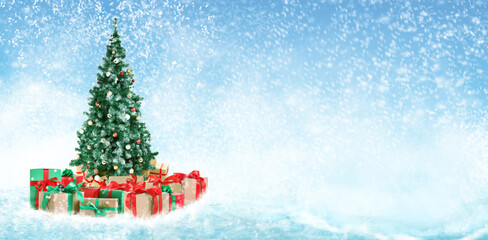 Beautiful Christmas tree with gifts under snowfall, space for text. Banner design