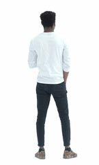 rear view. casual young man looking at a white blank screen