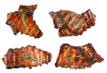 Obraz na płótnie Canvas Set with delicious grilled meat on white background, top view