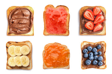 Set of toasted bread with different toppings on white background, top view