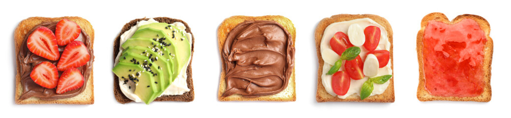 Set of toasted bread with different toppings on white background, top view. Banner design