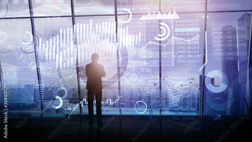 Poster in a dark office, against the window, a man is looking at a virtual data array.
