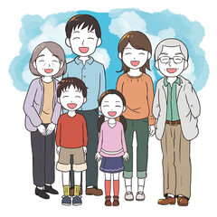 笑顔の6人家族(青空)