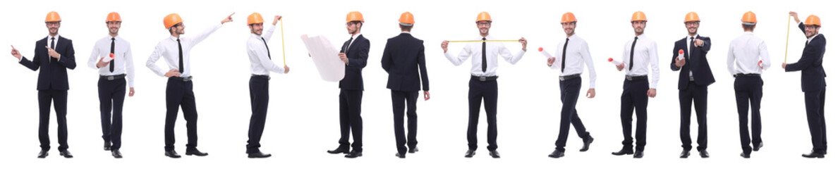 panoramic photo collage of confident architect isolated on white