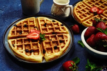 Homemade Chocolate chip waffles with strawberries