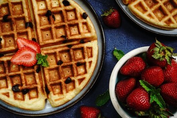 Homemade Chocolate chip waffles with strawberries