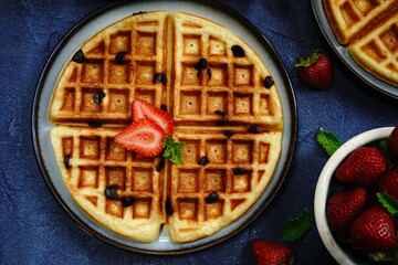 Homemade Chocolate chip waffles with strawberries
