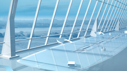 Obraz premium Glass conference table by the panoramic win-dow overlooking the cityscape