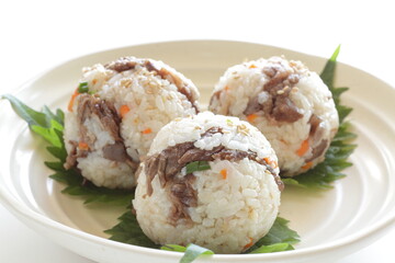 Japanese food, homemade beef and shiso rice ball for comfort food