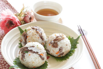 Japanese food, homemade beef and shiso rice ball for comfort food