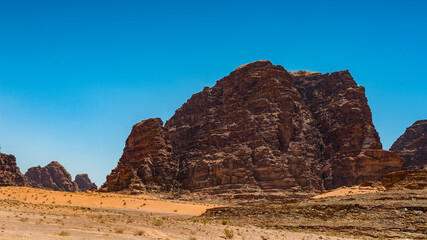 Fototapeta premium It's Landscape of the desert of Wadi Rum, The Valley of the Moon, southern Jordan.