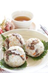 Japanese food, homemade beef and shiso rice ball for comfort food
