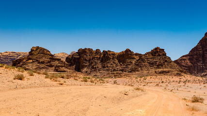 It's Landscape of the desert of Wadi Rum, The Valley of the Moon, southern Jordan.
