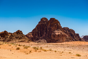 Fototapeta premium It's Landscape of the desert of Wadi Rum, The Valley of the Moon, southern Jordan.