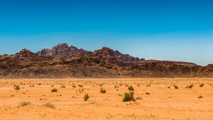 Fototapeta na wymiar It's Landscape of the desert of Wadi Rum, The Valley of the Moon, southern Jordan.