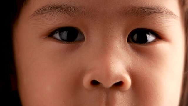 Portrait face of Asian little child girl with show your determination on dark background.