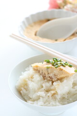 Chinese food, steamed mince  egg and rice  with soy sauce 
