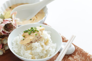 Chinese food, steamed mince  egg and rice  with soy sauce 