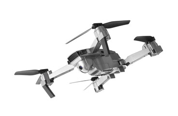 Modern drone with camera isolated on white