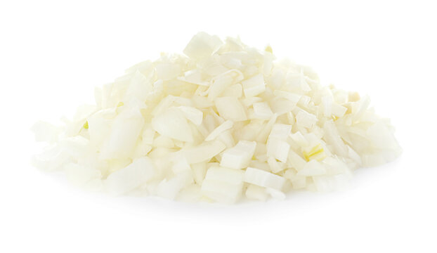 Pile of chopped onion on white background