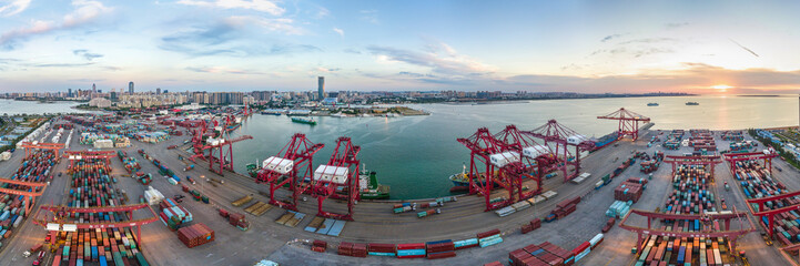 Haikou Xiuying Port Container Terminal Aerial View during Sunset, The Main Transportation Hub for...
