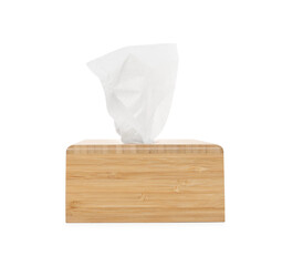 Wooden holder with paper tissues isolated on white