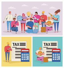 group of people with taxes and money icons