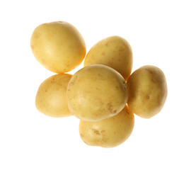 Fresh raw organic potatoes on white background, top view