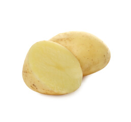 Whole and cut fresh raw organic potatoes on white background