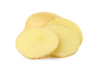 Whole and cut fresh raw organic potatoes on white background