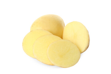 Whole and cut fresh raw organic potatoes on white background