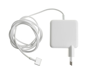 Laptop charger isolated on white, top view. Modern technology
