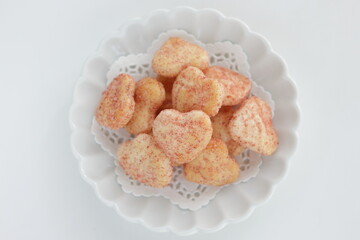 Japanese food, heart shaped rice cracker on dish for wagashi