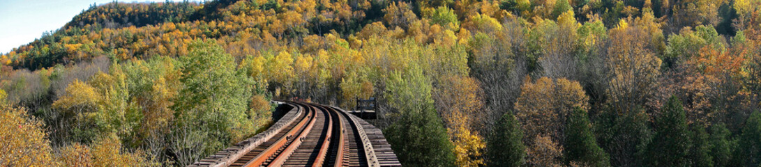 Fototapeta na wymiar Panoramic view of the vibrant autumn colors with railroad track at Credit River Valley in Celedon, Ontario, Canada.